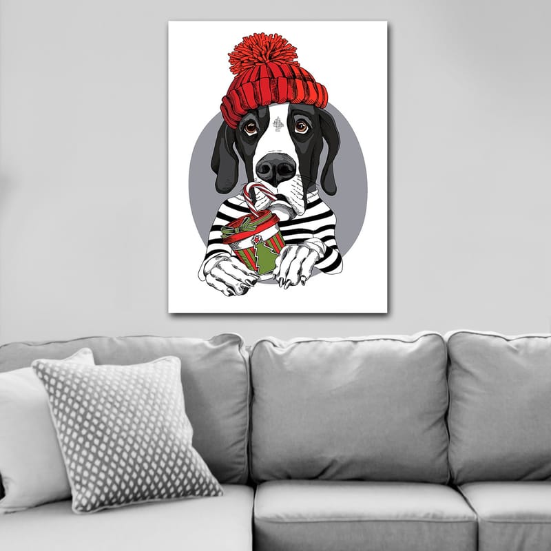 Lerretsbilde 70x100 cm - Søt hund i rød hatt som holder en julegave med en sjokoladebar - Rød / Svart / Grønn - Interiør - Maleri & posters - Lerretsbilder