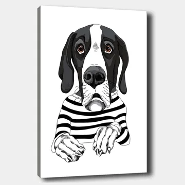 Lerretsbilde 70x100 cm - Søt hund i stripete genser som ser nysgjerrig ut - Svart / Hvit / Brun - Interiør - Maleri & posters - Lerretsbilder