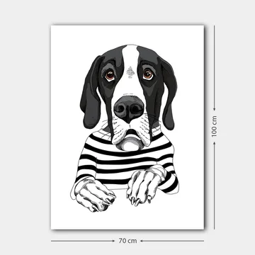 Lerretsbilde 70x100 cm - Søt hund i stripete genser som ser nysgjerrig ut - Svart / Hvit / Brun - Interiør - Maleri & posters - Lerretsbilder