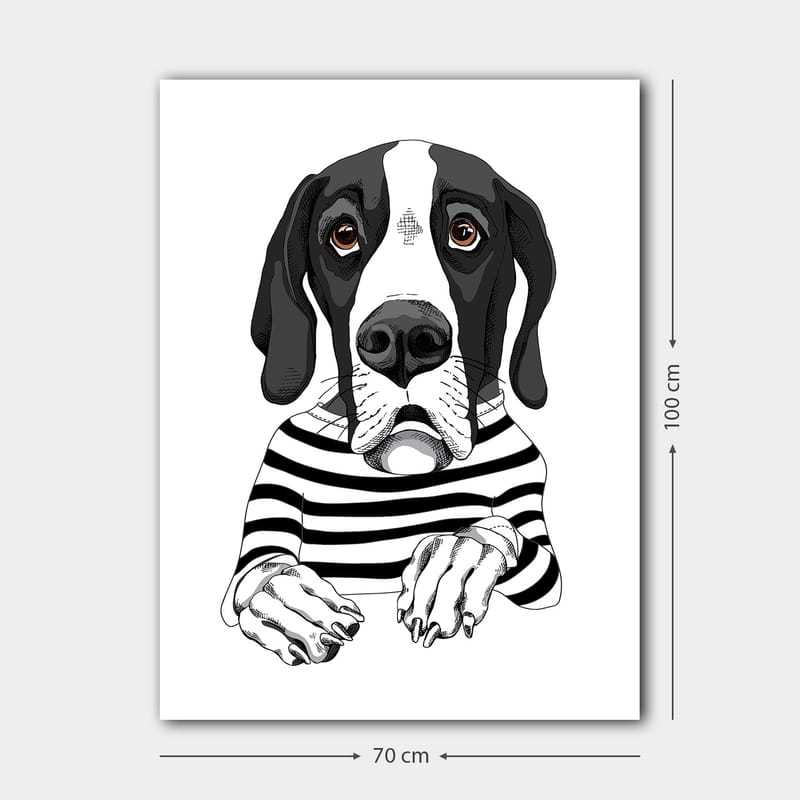 Lerretsbilde 70x100 cm - Søt hund i stripete genser som ser nysgjerrig ut - Svart / Hvit / Brun - Interiør - Maleri & posters - Lerretsbilder
