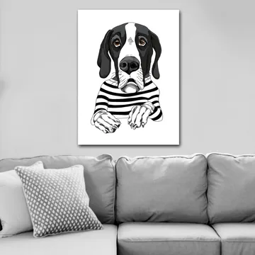 Lerretsbilde 70x100 cm - Søt hund i stripete genser som ser nysgjerrig ut - Svart / Hvit / Brun - Interiør - Maleri & posters - Lerretsbilder