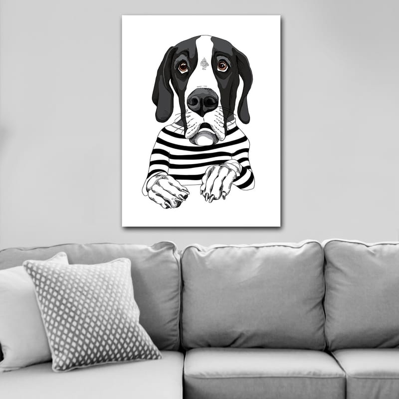 Lerretsbilde 70x100 cm - Søt hund i stripete genser som ser nysgjerrig ut - Svart / Hvit / Brun - Interiør - Maleri & posters - Lerretsbilder