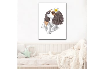Lerretsbilde 70x100 cm - Søt hund med krøllete hår og en blomst i øret - Brun / Hvit / Svart - Interiør - Maleri & posters - Lerretsbilder