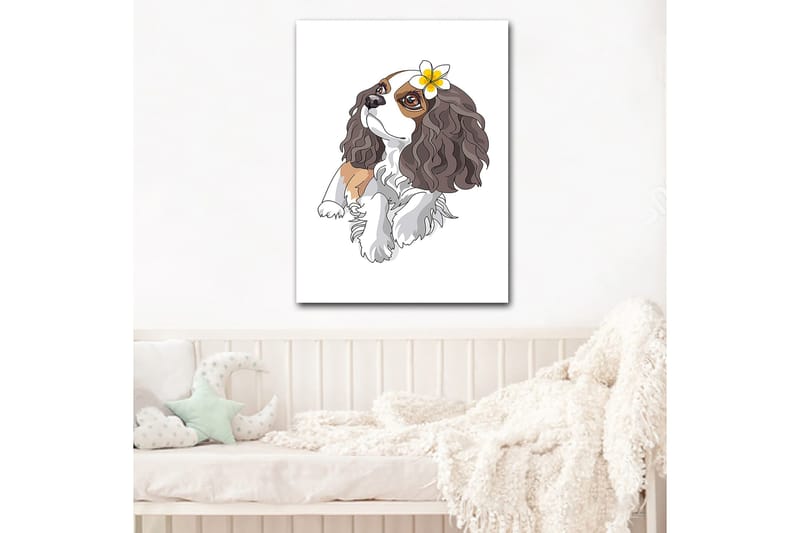 Lerretsbilde 70x100 cm - Søt hund med krøllete hår og en blomst i øret, Brun / Hvit / Svart