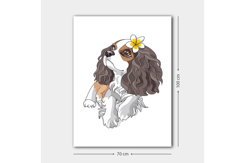 Lerretsbilde 70x100 cm - Søt hund med krøllete hår og en blomst i øret - Brun / Hvit / Svart - Interiør - Maleri & posters - Lerretsbilder