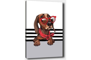 Lerretsbilde 70x100 cm - Søt hund med solbriller og et rødt prikkete skjerf - Brun / Rød / Grå - Interiør - Maleri & posters - Lerretsbilder