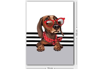 Lerretsbilde 70x100 cm - Søt hund med solbriller og et rødt prikkete skjerf - Brun / Rød / Grå - Interiør - Maleri & posters - Lerretsbilder