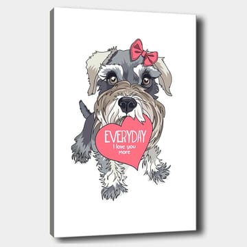Lerretsbilde 70x100 cm - Søt hund som holder et hjerte med teksten EVERYDAY I love you more - Grå / Rosa / Hvit - Interiør - Maleri & posters - Lerretsbilder