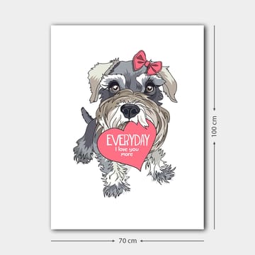 Lerretsbilde 70x100 cm - Søt hund som holder et hjerte med teksten EVERYDAY I love you more - Grå / Rosa / Hvit - Interiør - Maleri & posters - Lerretsbilder