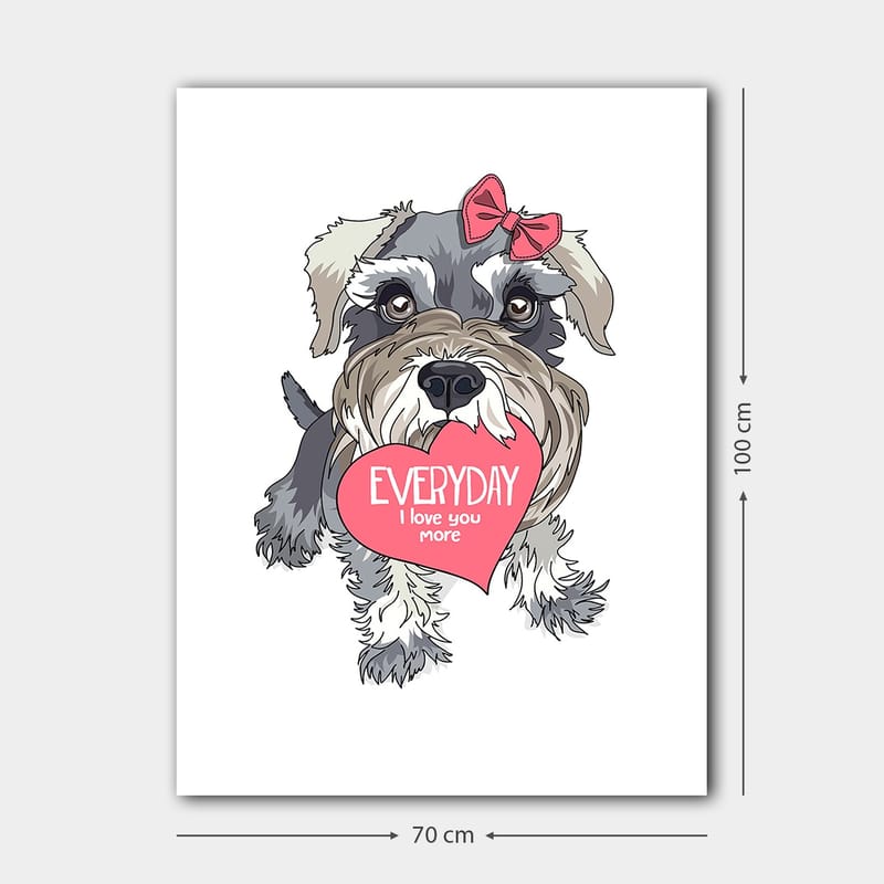Lerretsbilde 70x100 cm - Søt hund som holder et hjerte med teksten EVERYDAY I love you more - Grå / Rosa / Hvit - Interiør - Maleri & posters - Lerretsbilder
