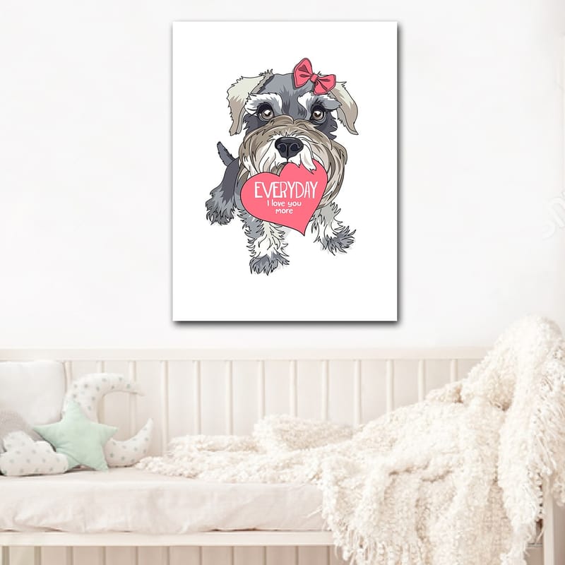 Lerretsbilde 70x100 cm - Søt hund som holder et hjerte med teksten EVERYDAY I love you more - Grå / Rosa / Hvit - Interiør - Maleri & posters - Lerretsbilder