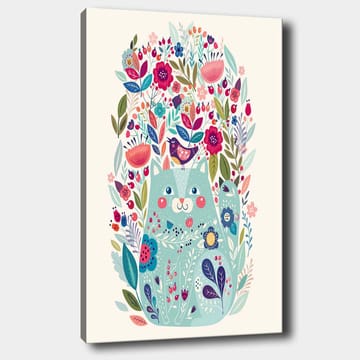 Lerretsbilde 70x100 cm - Søt katt omgitt av fargerike blomster og planter - Mintgrønn / Mørk blå / Rosa - Interiør - Maleri & posters - Lerretsbilder