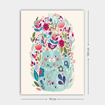Lerretsbilde 70x100 cm - Søt katt omgitt av fargerike blomster og planter - Mintgrønn / Mørk blå / Rosa - Interiør - Maleri & posters - Lerretsbilder