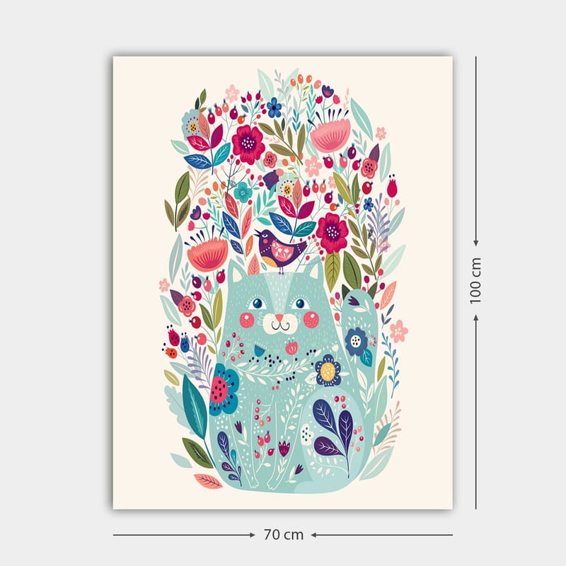 Lerretsbilde 70x100 cm - Søt katt omgitt av fargerike blomster og planter - Mintgrønn / Mørk blå / Rosa - Interiør - Maleri & posters - Lerretsbilder