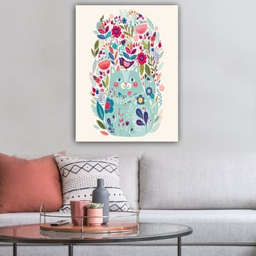 Lerretsbilde 70x100 cm - Søt katt omgitt av fargerike blomster og planter - Mintgrønn / Mørk blå / Rosa - Interiør - Maleri & posters - Lerretsbilder