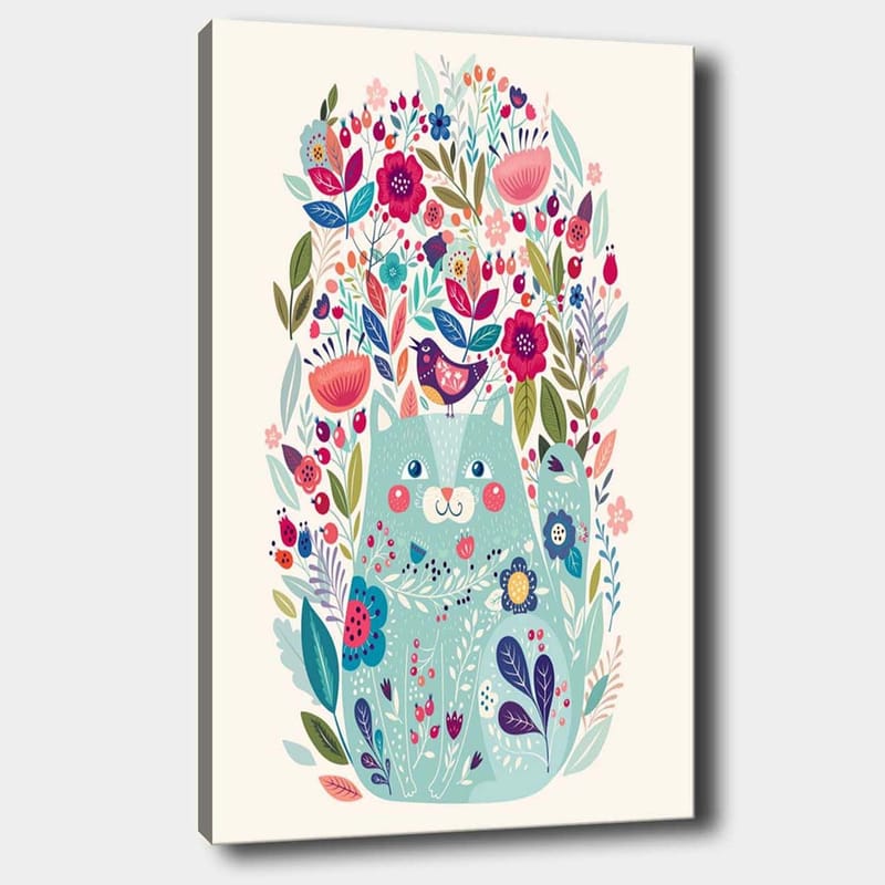 Lerretsbilde 70x100 cm - Søt katt omgitt av fargerike blomster og planter, Mintgrønn / Mørk blå / Rosa