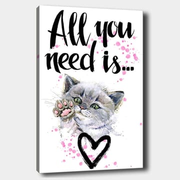 Lerretsbilde 70x100 cm - Søt katt som strekker ut poten sin med en hjerteformet omriss i bakgrunnen - Grå / Rosa / Grønn - Interiør - Maleri & posters - Lerretsbilder