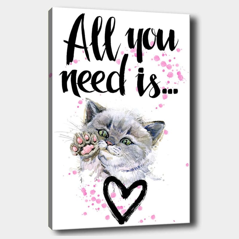 Lerretsbilde 70x100 cm - Søt katt som strekker ut poten sin med en hjerteformet omriss i bakgrunnen, Grå / Rosa / Grønn