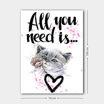 Lerretsbilde 70x100 cm - Søt katt som strekker ut poten sin med en hjerteformet omriss i bakgrunnen - Grå / Rosa / Grønn - Interiør - Maleri & posters - Lerretsbilder