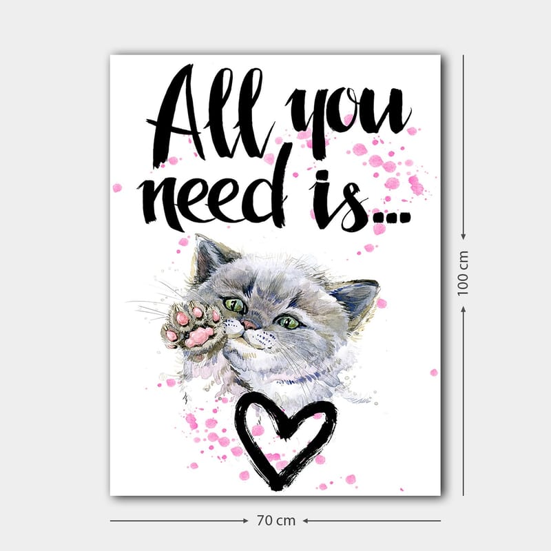 Lerretsbilde 70x100 cm - Søt katt som strekker ut poten sin med en hjerteformet omriss i bakgrunnen - Grå / Rosa / Grønn - Interiør - Maleri & posters - Lerretsbilder