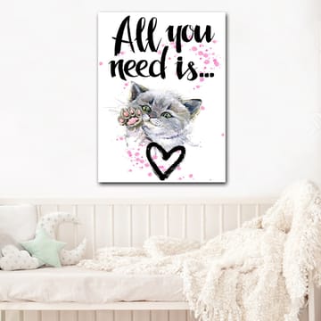 Lerretsbilde 70x100 cm - Søt katt som strekker ut poten sin med en hjerteformet omriss i bakgrunnen - Grå / Rosa / Grønn - Interiør - Maleri & posters - Lerretsbilder