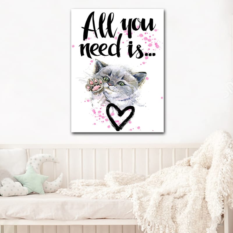 Lerretsbilde 70x100 cm - Søt katt som strekker ut poten sin med en hjerteformet omriss i bakgrunnen - Grå / Rosa / Grønn - Interiør - Maleri & posters - Lerretsbilder