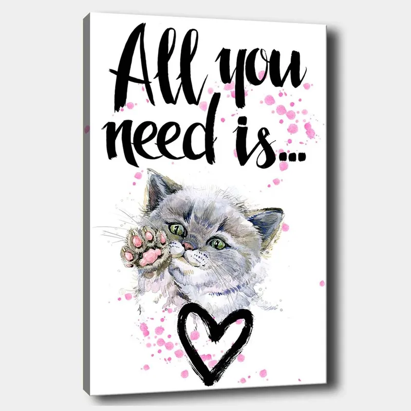Lerretsbilde 70x100 cm - Søt katt som strekker ut poten sin med en hjerteformet omriss i bakgrunnen, Grå / Rosa / Grønn