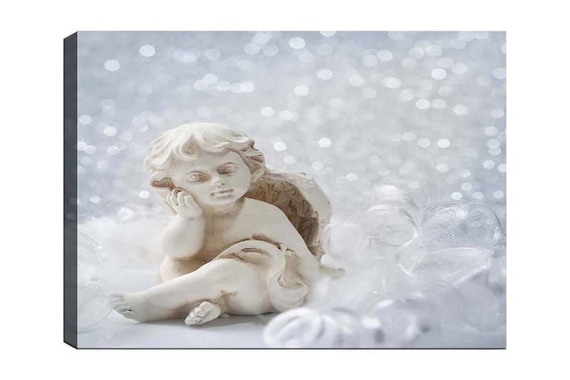 Lerretsbilde 70x100 cm - Søt keramisk engel som sitter med et tankefullt uttrykk - Hvit / Beige - Interiør - Maleri & posters - Lerretsbilder
