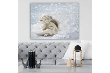 Lerretsbilde 70x100 cm - Søt keramisk engel som sitter med et tankefullt uttrykk - Hvit / Beige - Interiør - Maleri & posters - Lerretsbilder