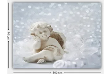 Lerretsbilde 70x100 cm - Søt keramisk engel som sitter med et tankefullt uttrykk - Hvit / Beige - Interiør - Maleri & posters - Lerretsbilder