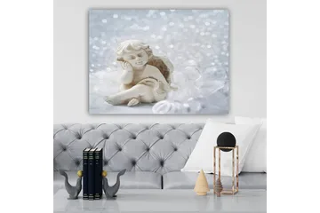 Lerretsbilde 70x100 cm - Søt keramisk engel som sitter med et tankefullt uttrykk - Hvit / Beige - Interiør - Maleri & posters - Lerretsbilder