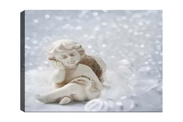 Lerretsbilde 70x100 cm - Søt keramisk engel som sitter med et tankefullt uttrykk - Hvit / Beige - Interiør - Maleri & posters - Lerretsbilder