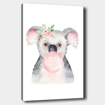 Lerretsbilde 70x100 cm - Søt koala som blåser tyggegummi med en blomst i øret - Grå / Rosa / Grønn - Interiør - Maleri & posters - Lerretsbilder