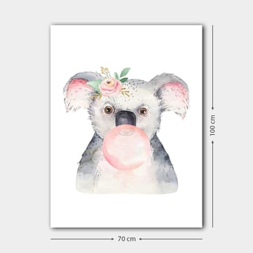 Lerretsbilde 70x100 cm - Søt koala som blåser tyggegummi med en blomst i øret - Grå / Rosa / Grønn - Interiør - Maleri & posters - Lerretsbilder