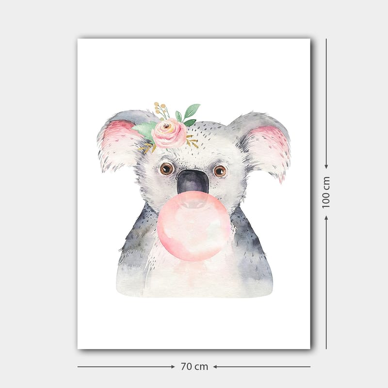Lerretsbilde 70x100 cm - Søt koala som blåser tyggegummi med en blomst i øret - Grå / Rosa / Grønn - Interiør - Maleri & posters - Lerretsbilder