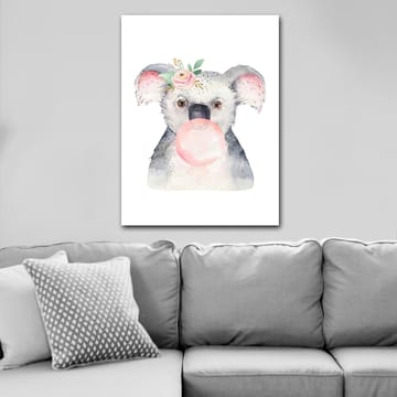 Lerretsbilde 70x100 cm - Søt koala som blåser tyggegummi med en blomst i øret - Grå / Rosa / Grønn - Interiør - Maleri & posters - Lerretsbilder