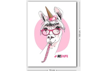 Lerretsbilde 70x100 cm - Søt lama med enhjørningshorn og briller som holder en sukkerstang - Rosa / Hvit / Svart - Interiør - Maleri & posters - Lerretsbilder