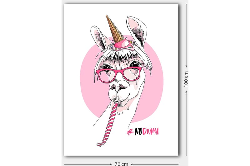 Lerretsbilde 70x100 cm - Søt lama med enhjørningshorn og briller som holder en sukkerstang - Rosa / Hvit / Svart - Interiør - Maleri & posters - Lerretsbilder