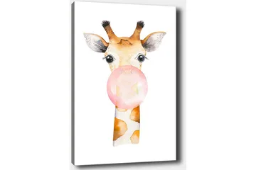 Lerretsbilde 70x100 cm - Søt sjiraff som blåser en tyggegummiball - Beige / Rosa / Brun - Interiør - Maleri & posters - Lerretsbilder