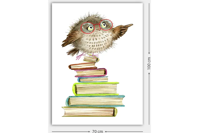 Lerretsbilde 70x100 cm - Søt ugle med briller som peker, sitter på en bunke med fargerike bøker - Brun / Grønn / Blå - Interiør - Maleri & posters - Lerretsbilder