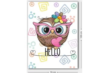 Lerretsbilde 70x100 cm - Søt ugle med store øyne og fargerik blomst på hodet - Brun / Rosa / Blå - Interiør - Maleri & posters - Lerretsbilder