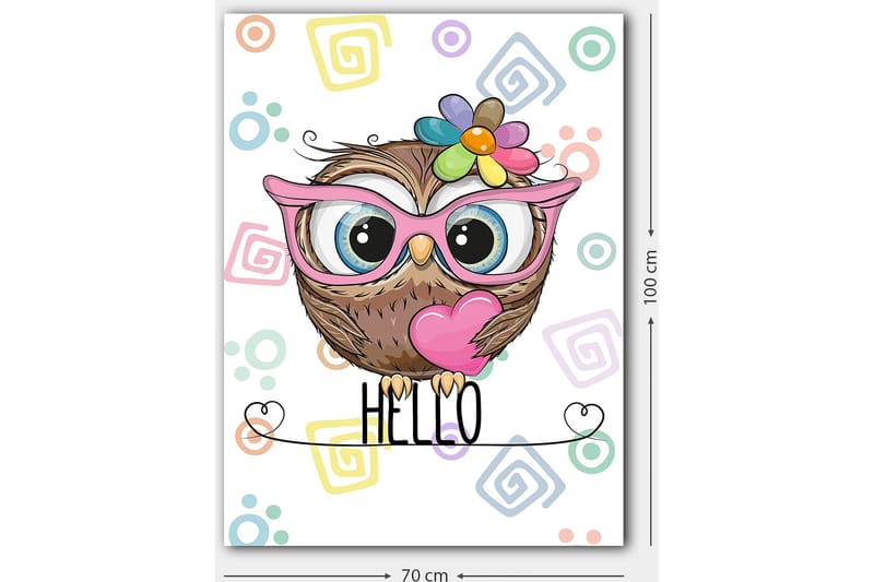 Lerretsbilde 70x100 cm - Søt ugle med store øyne og fargerik blomst på hodet - Brun / Rosa / Blå - Interiør - Maleri & posters - Lerretsbilder