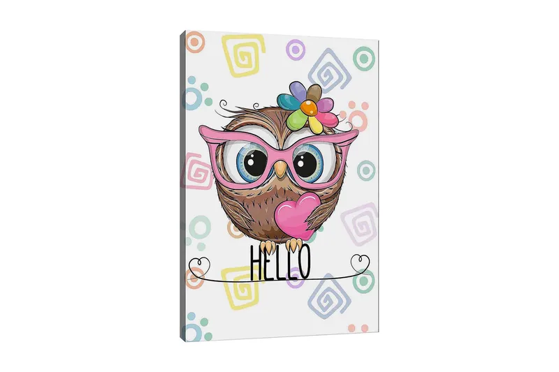 Lerretsbilde 70x100 cm - Søt ugle med store øyne og fargerik blomst på hodet, Brun / Rosa / Blå