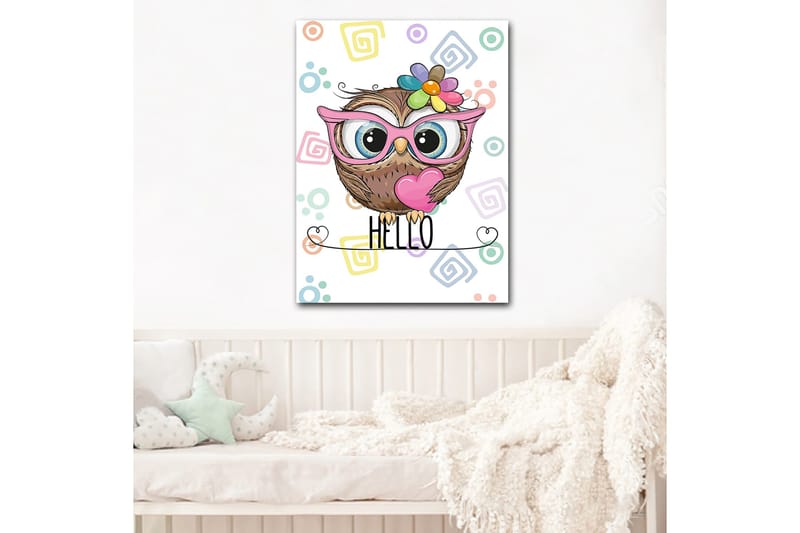 Lerretsbilde 70x100 cm - Søt ugle med store øyne og fargerik blomst på hodet - Brun / Rosa / Blå - Interiør - Maleri & posters - Lerretsbilder
