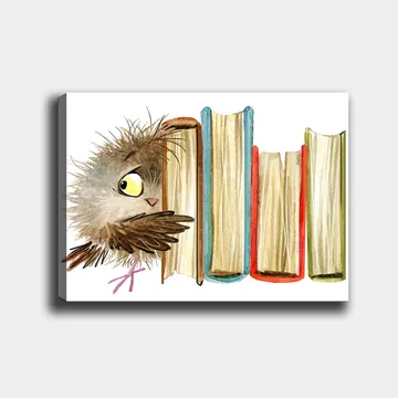 Lerretsbilde 70x100 cm - Søt ugle som titter frem bak bøker - Brun / Gul / Rød - Interiør - Maleri & posters - Lerretsbilder