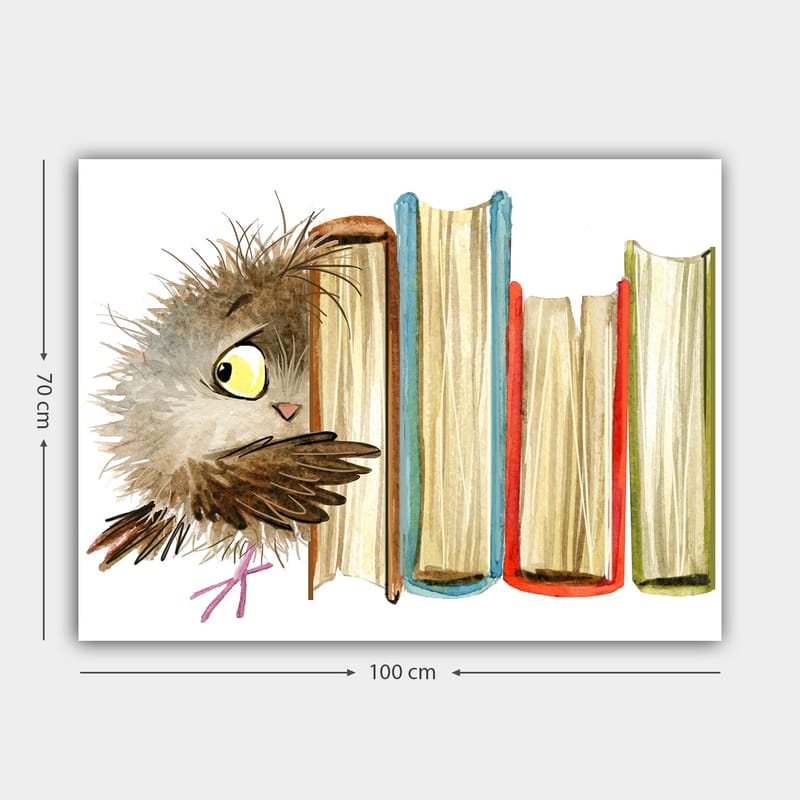 Lerretsbilde 70x100 cm - Søt ugle som titter frem bak bøker - Brun / Gul / Rød - Interiør - Maleri & posters - Lerretsbilder