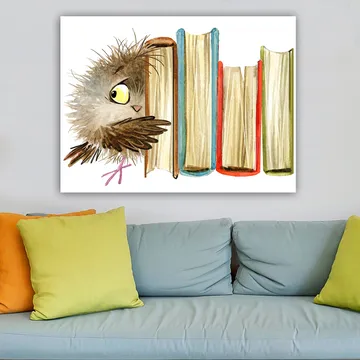Lerretsbilde 70x100 cm - Søt ugle som titter frem bak bøker - Brun / Gul / Rød - Interiør - Maleri & posters - Lerretsbilder