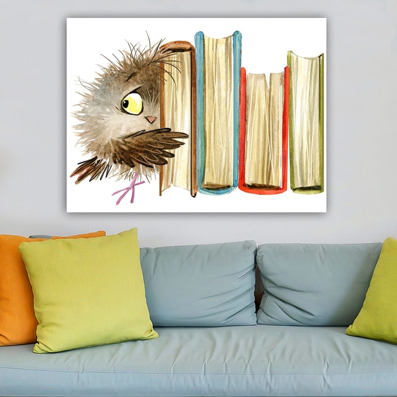 Lerretsbilde 70x100 cm - Søt ugle som titter frem bak bøker - Brun / Gul / Rød - Interiør - Maleri & posters - Lerretsbilder