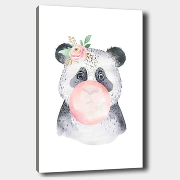 Lerretsbilde 70x100 cm - Søt panda som blåser tyggegummi med en blomst i øret - Grå / Rosa / Grønn - Interiør - Maleri & posters - Lerretsbilder