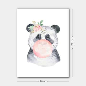 Lerretsbilde 70x100 cm - Søt panda som blåser tyggegummi med en blomst i øret - Grå / Rosa / Grønn - Interiør - Maleri & posters - Lerretsbilder